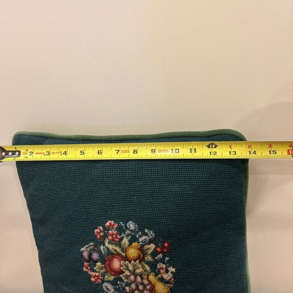Handmade Needlepoint Square Pillow Fruit Green Background Velvet Zipper Back 14